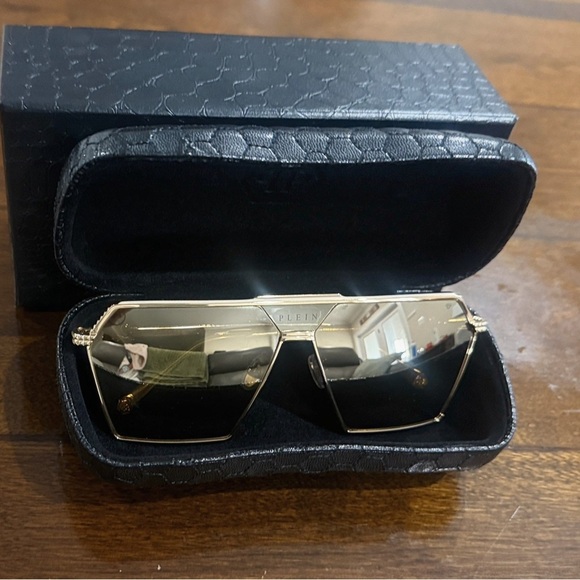 Philipp Plein Gold Titanium Geometric Sunglasses | Luxury Designer Frame w/ Case